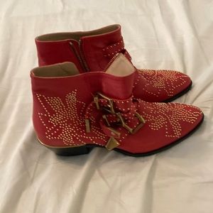 Chloe red leather gold-studded boots, size 37.5, made in Italy, never worn